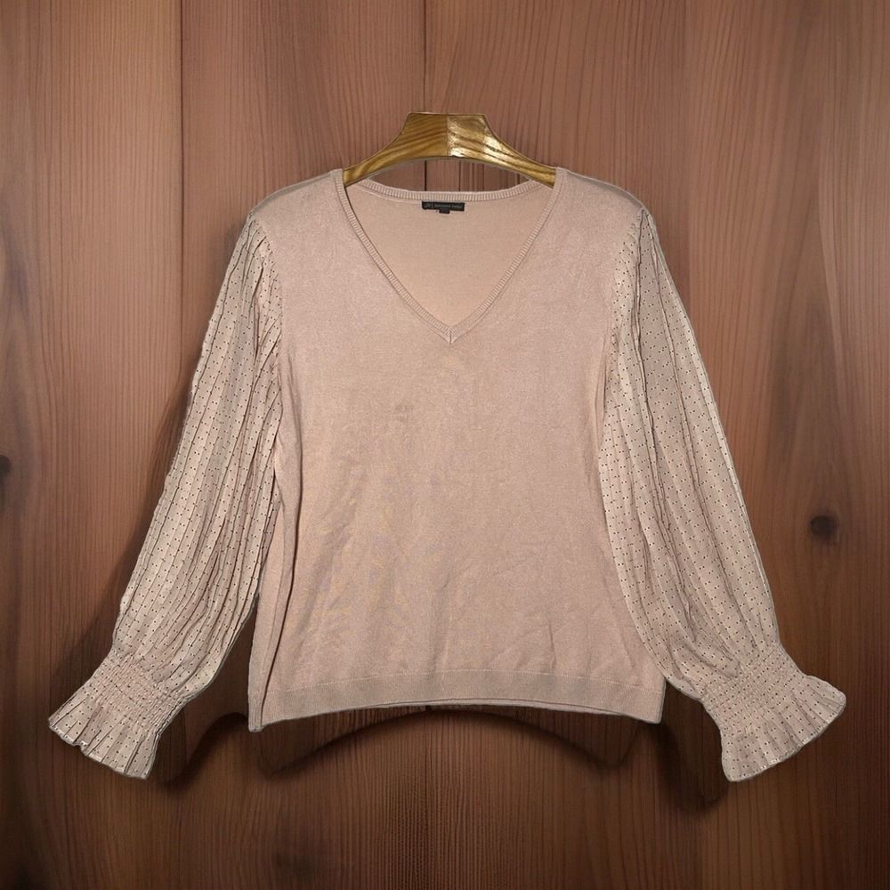 Adrianna Papell Knit Top Sz XL Pink Pleated Dotted Bishop Sleeves Smocked Cuffs
